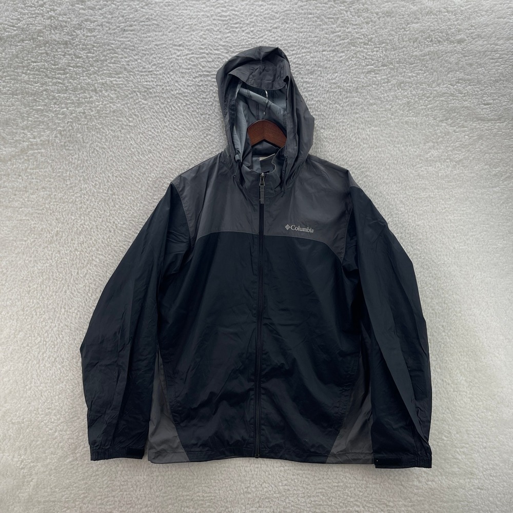 Columbia Rain Jacket Mens Medium Grey Black Glennaker Lake Hooded Windbreaker
